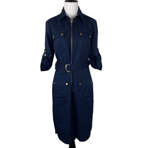 Sharagano Dresses & Skirts - Sharagano Womens Navy Blue Belted Shirt Dress Roll-Up Sleeves Size 4